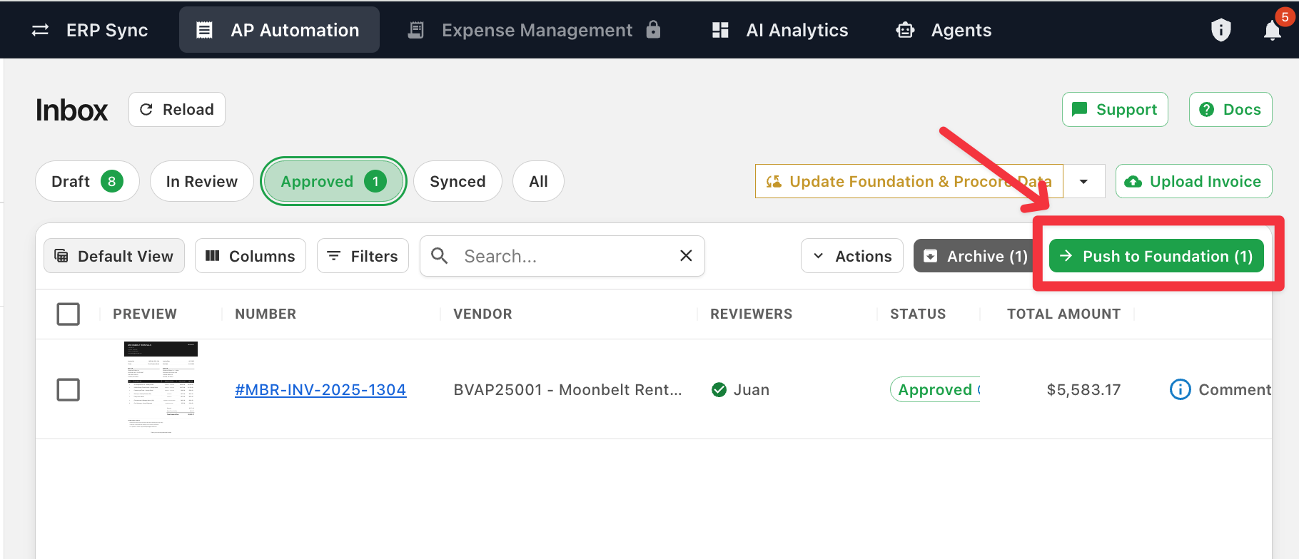 The Inbox Approved tab with an approved invoice