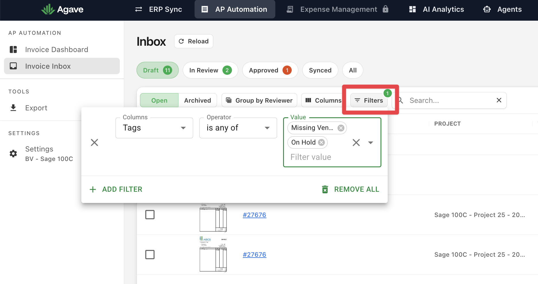 Inbox Filters control with an active filter count