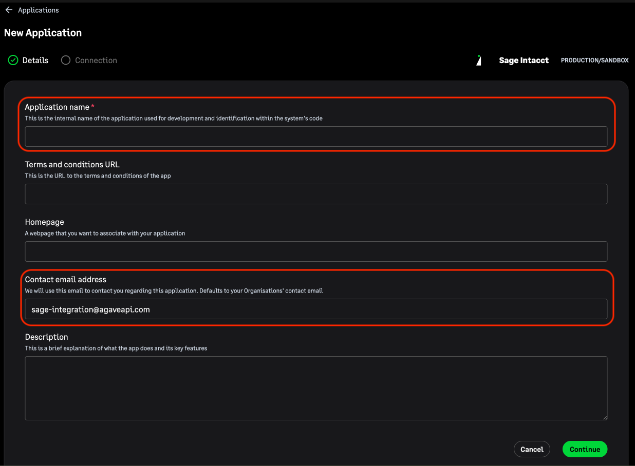 Application name and contact email fields