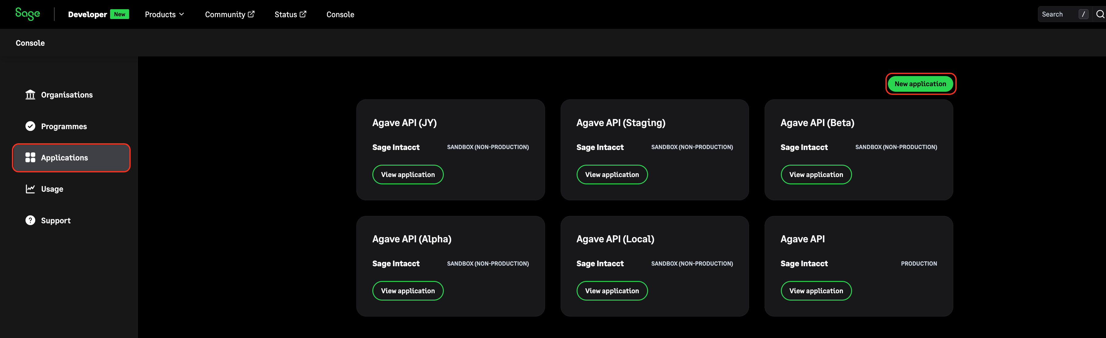 The Applications sidebar entry in the Sage Developer Portal