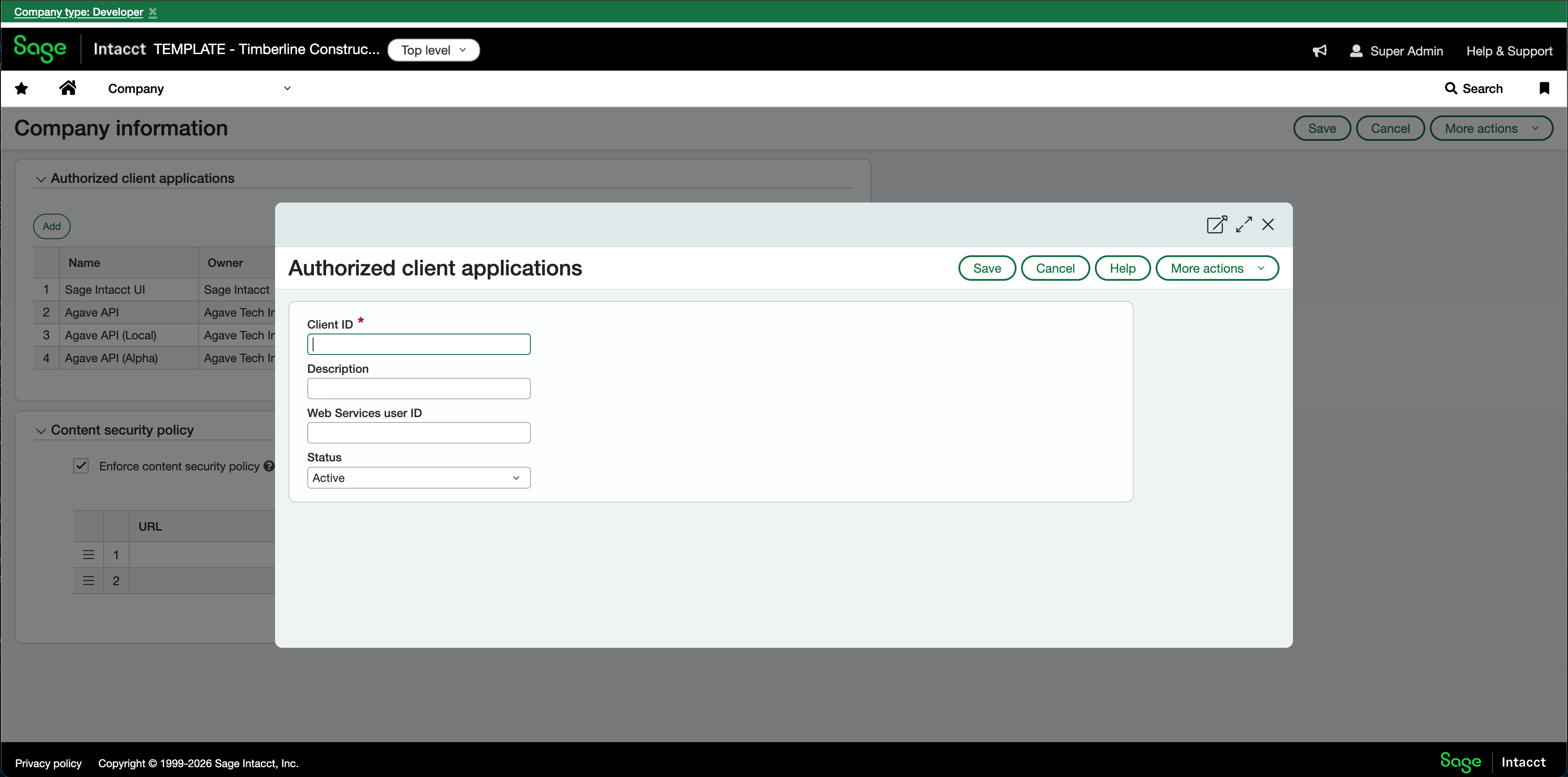 Authorized client applications with a Client ID entered