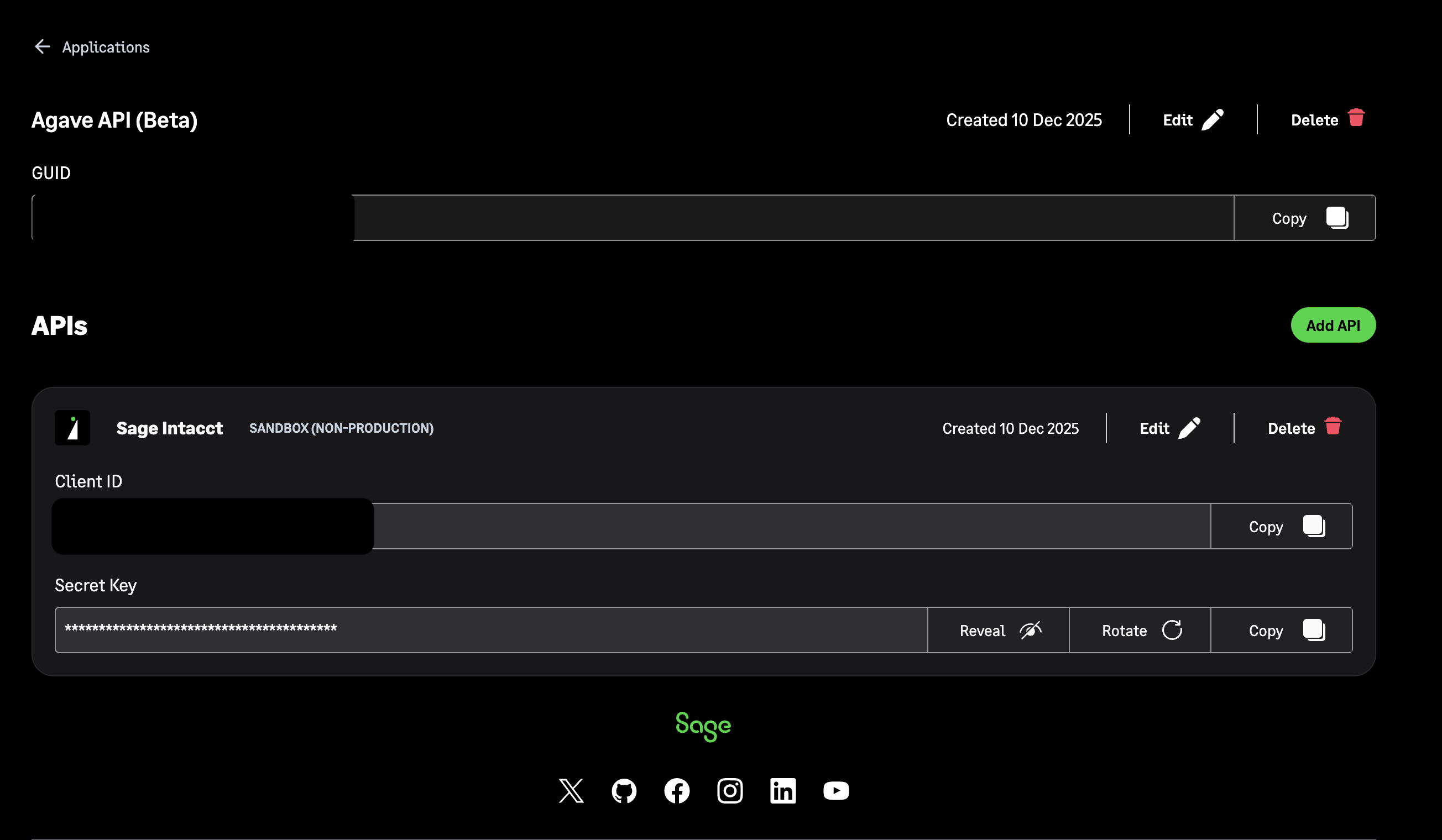 The GUID, Client ID, and Secret Key returned after creating the application