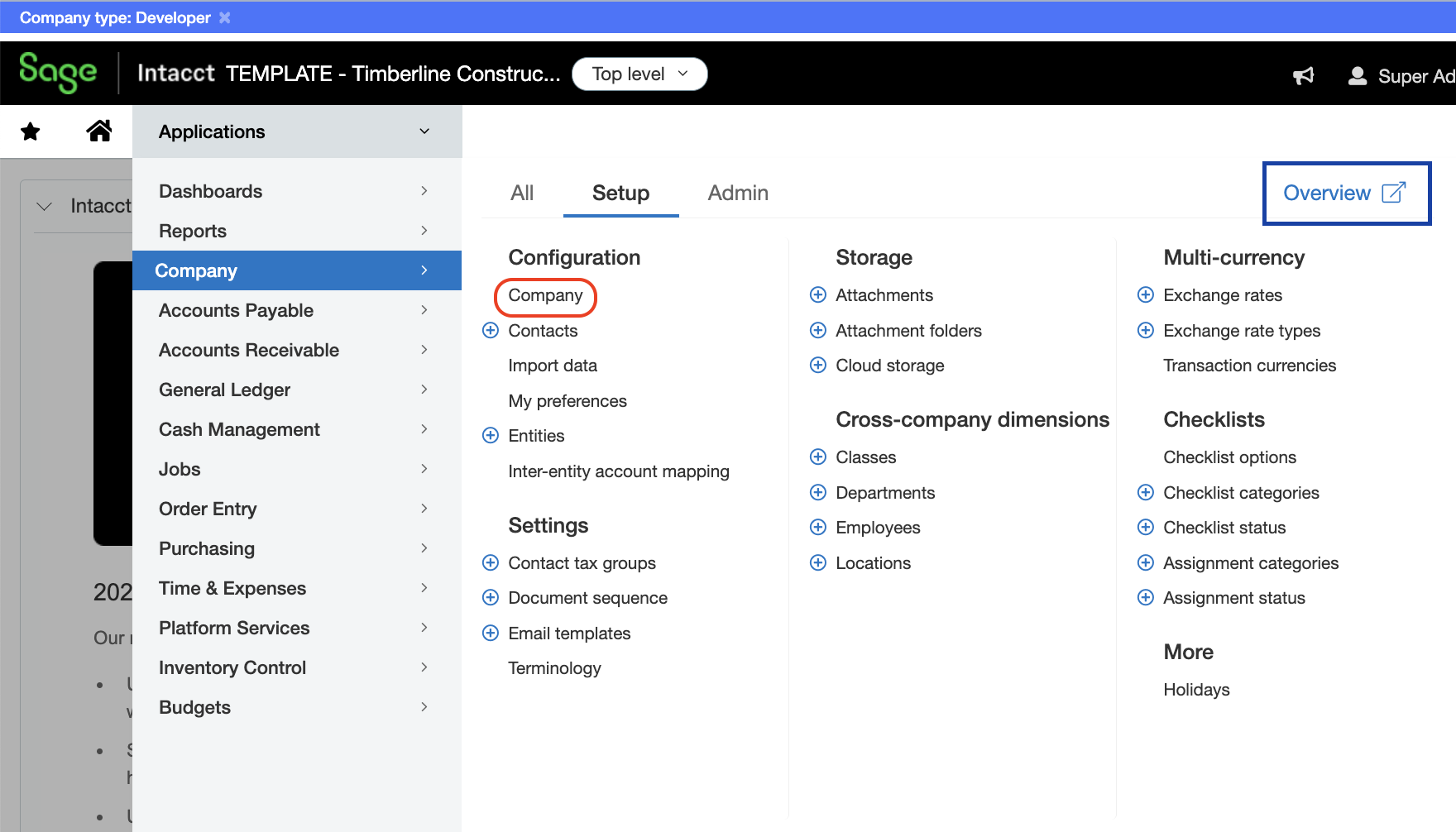 The Company ID displayed at the top of the Sage Intacct Company page