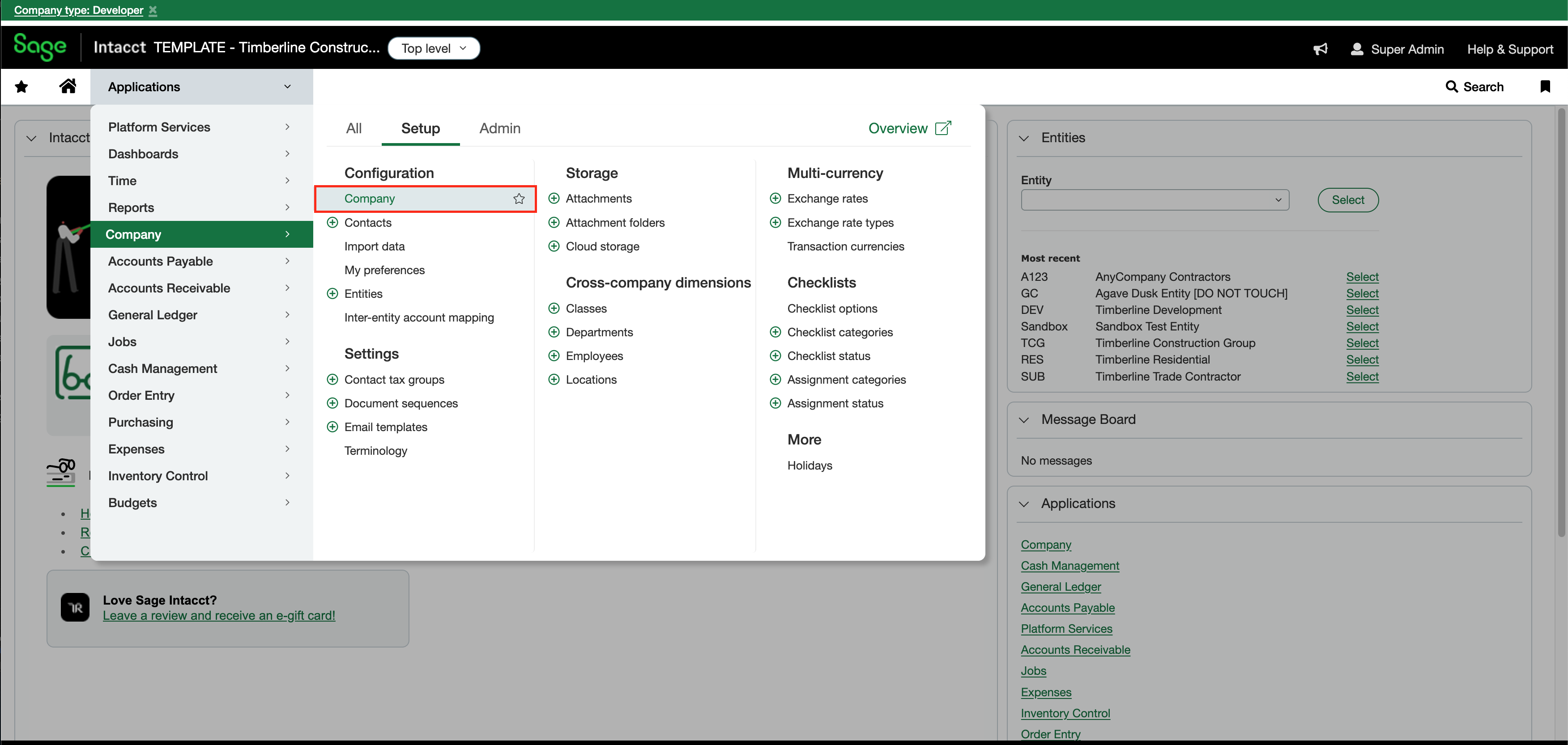 Navigating to Company, Setup, Company, Security in Sage Intacct