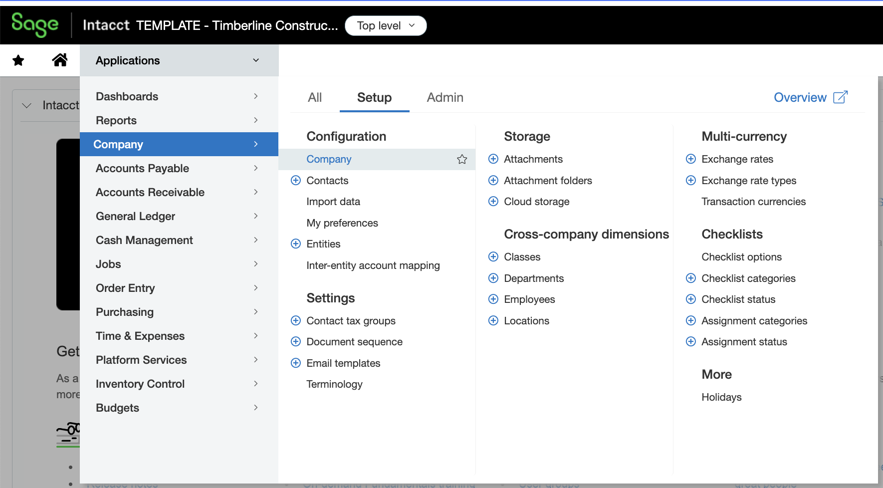Company setup under Company and Setup in Sage Intacct