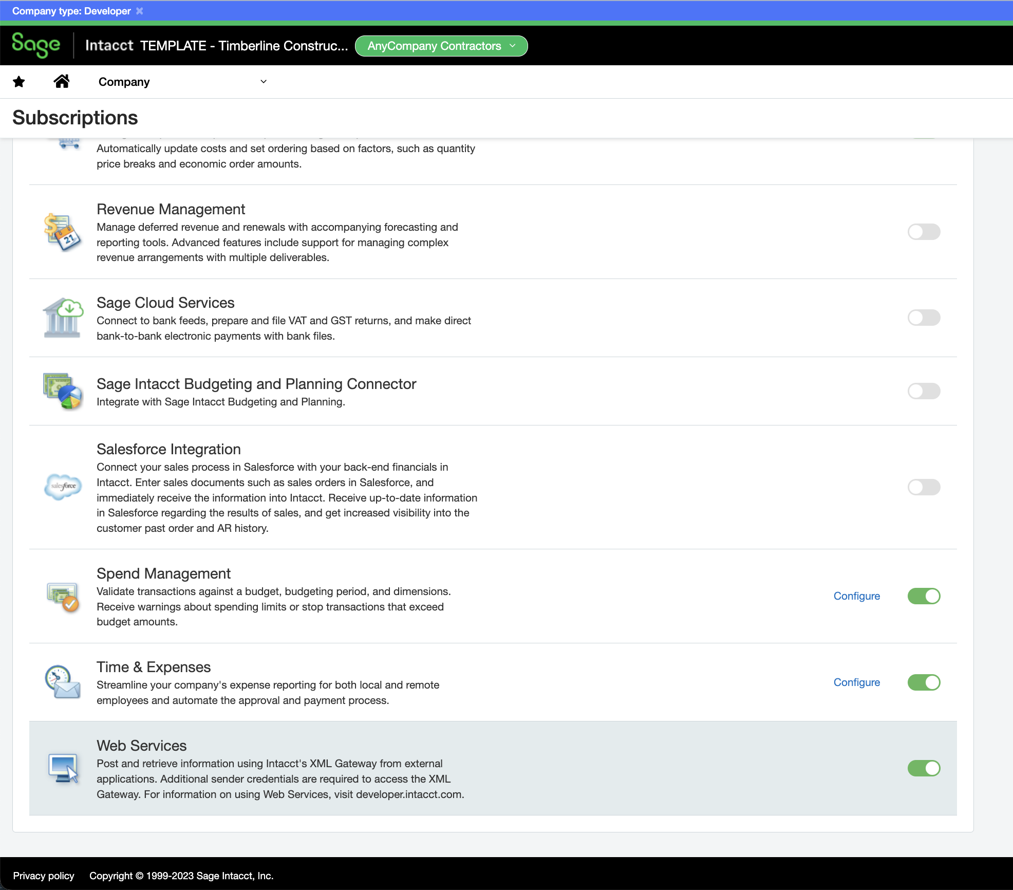 The Web Services subscription enabled in Sage Intacct