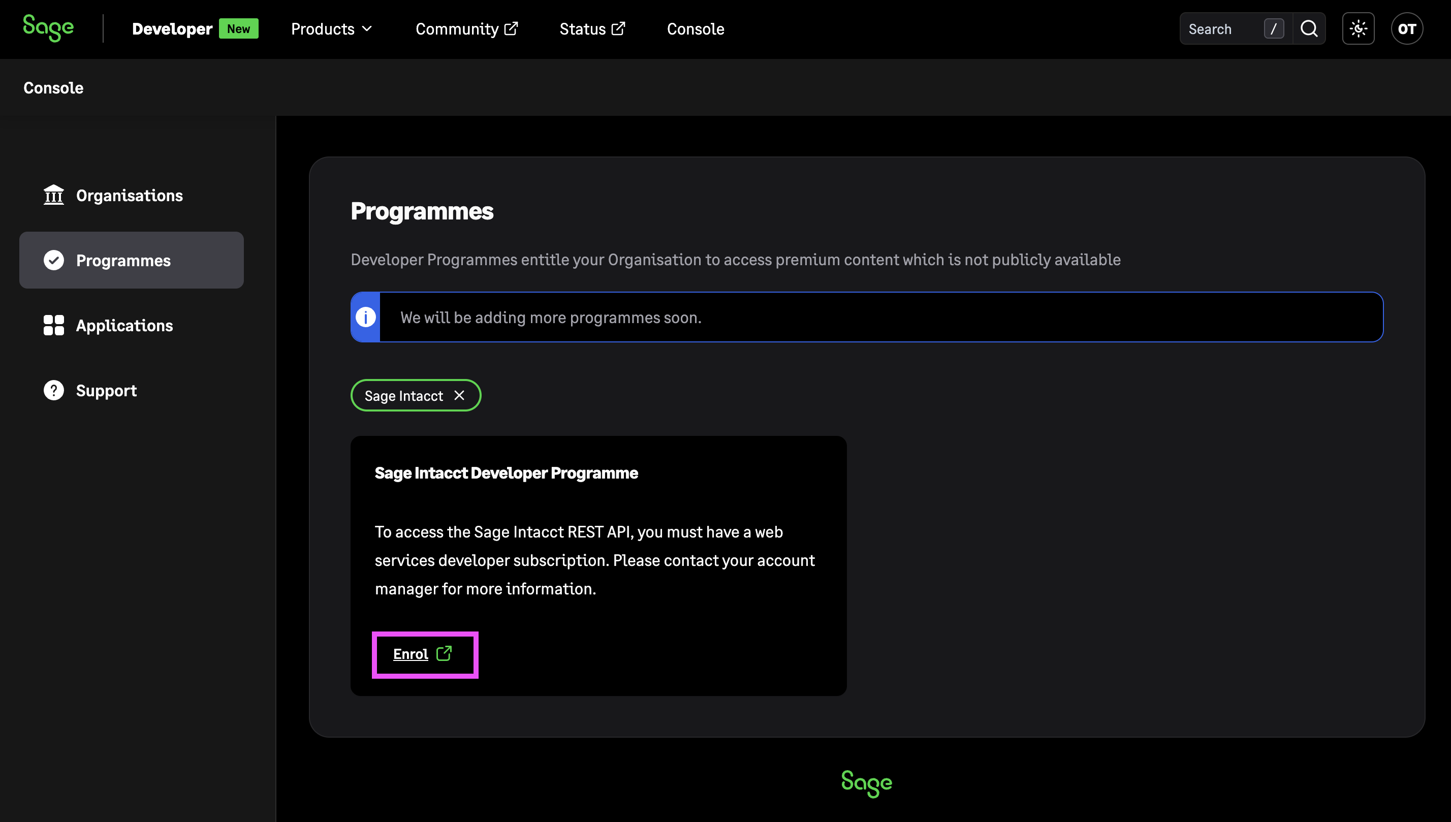 The Sage Intacct Developer Programme enrollment page