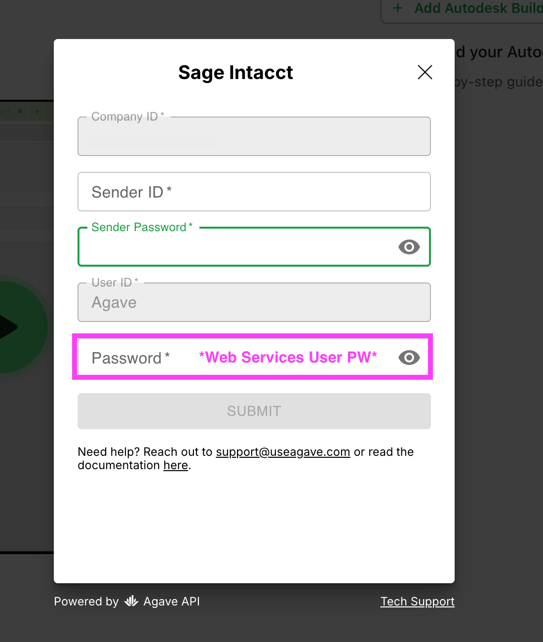 Agave Link form with Sender ID, Sender Password, and Password fields