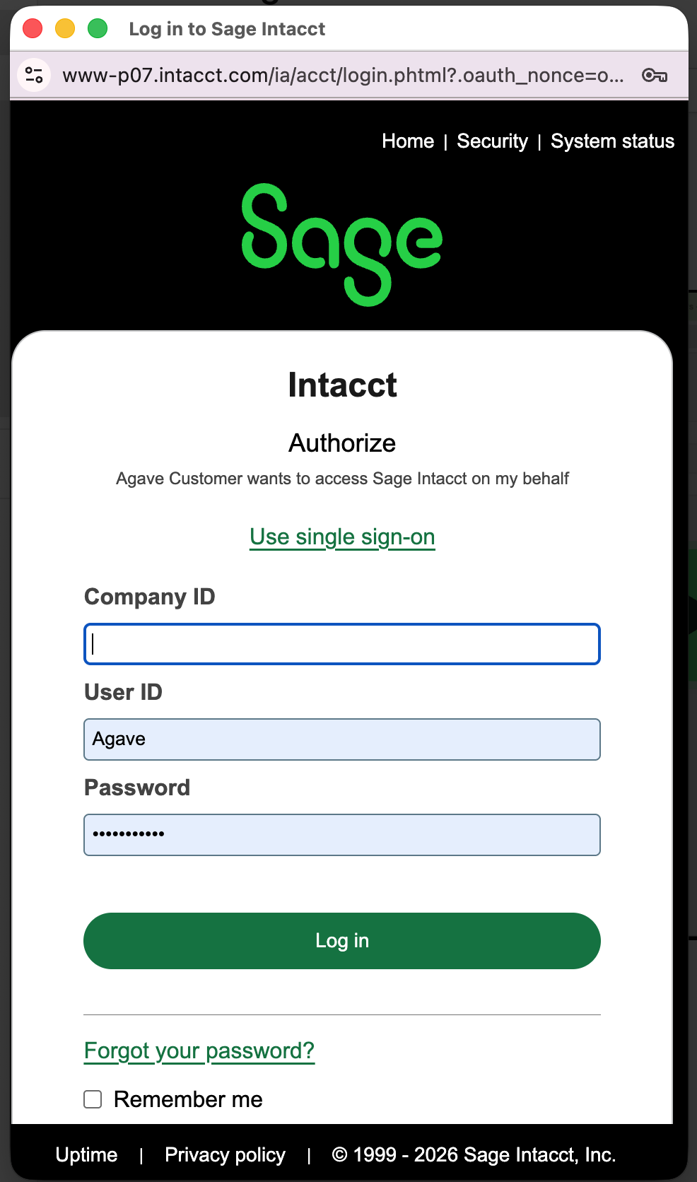 Sage Intacct authorization page requesting Company ID, User ID, and Password