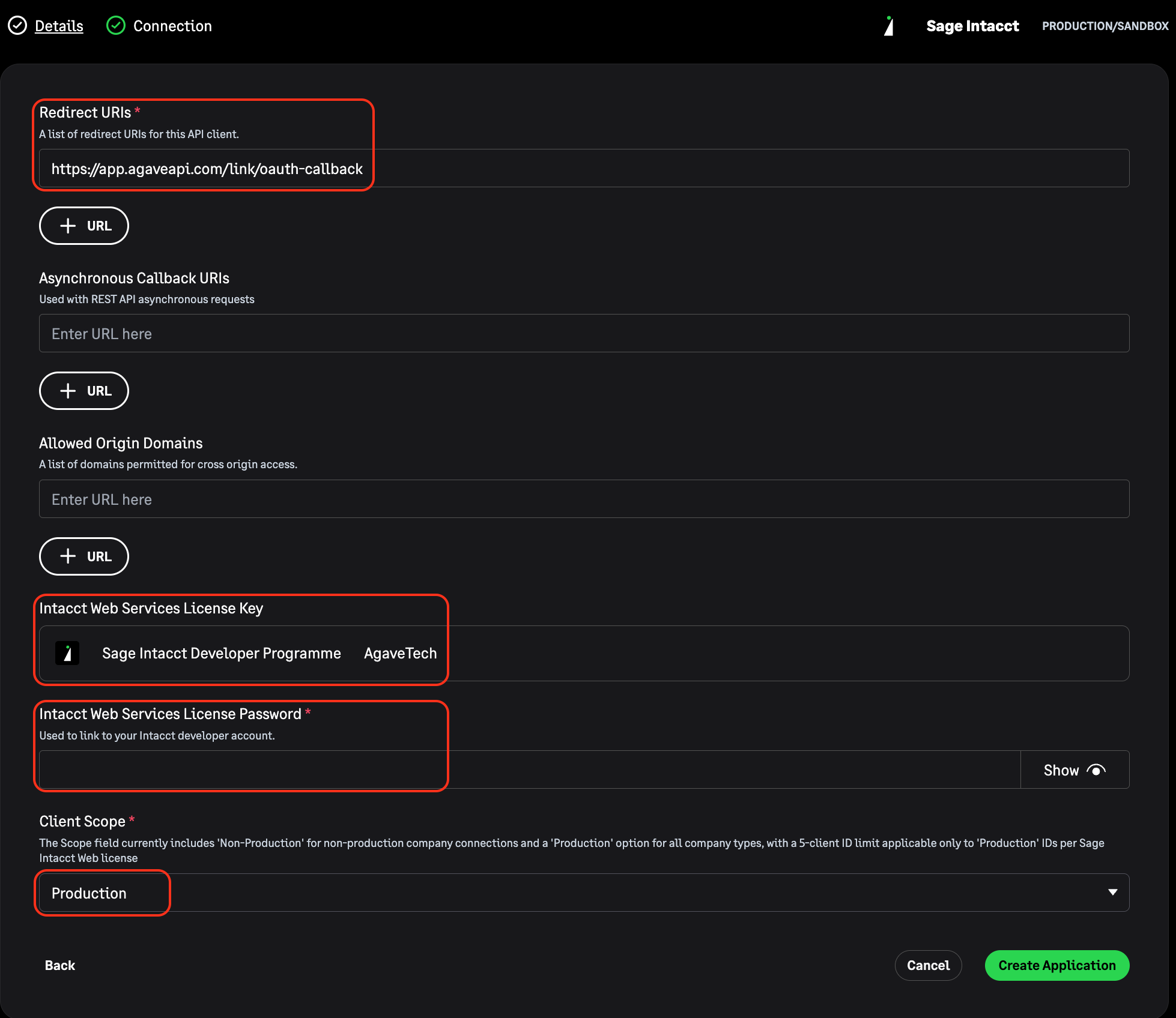 Redirect URI and Client Scope fields on the application form