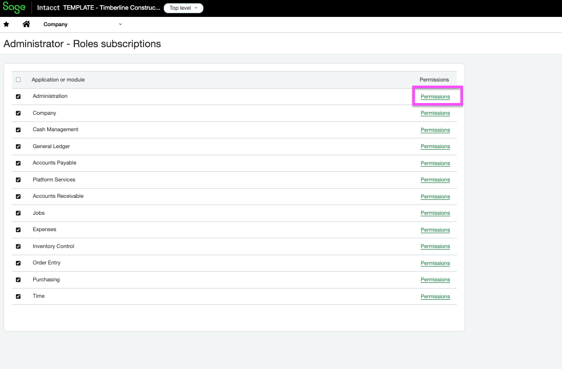Module list on a Sage Intacct role with Permissions links