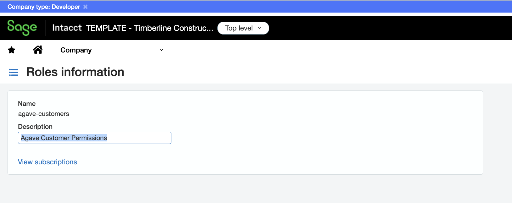Name and description fields on a new Sage Intacct role