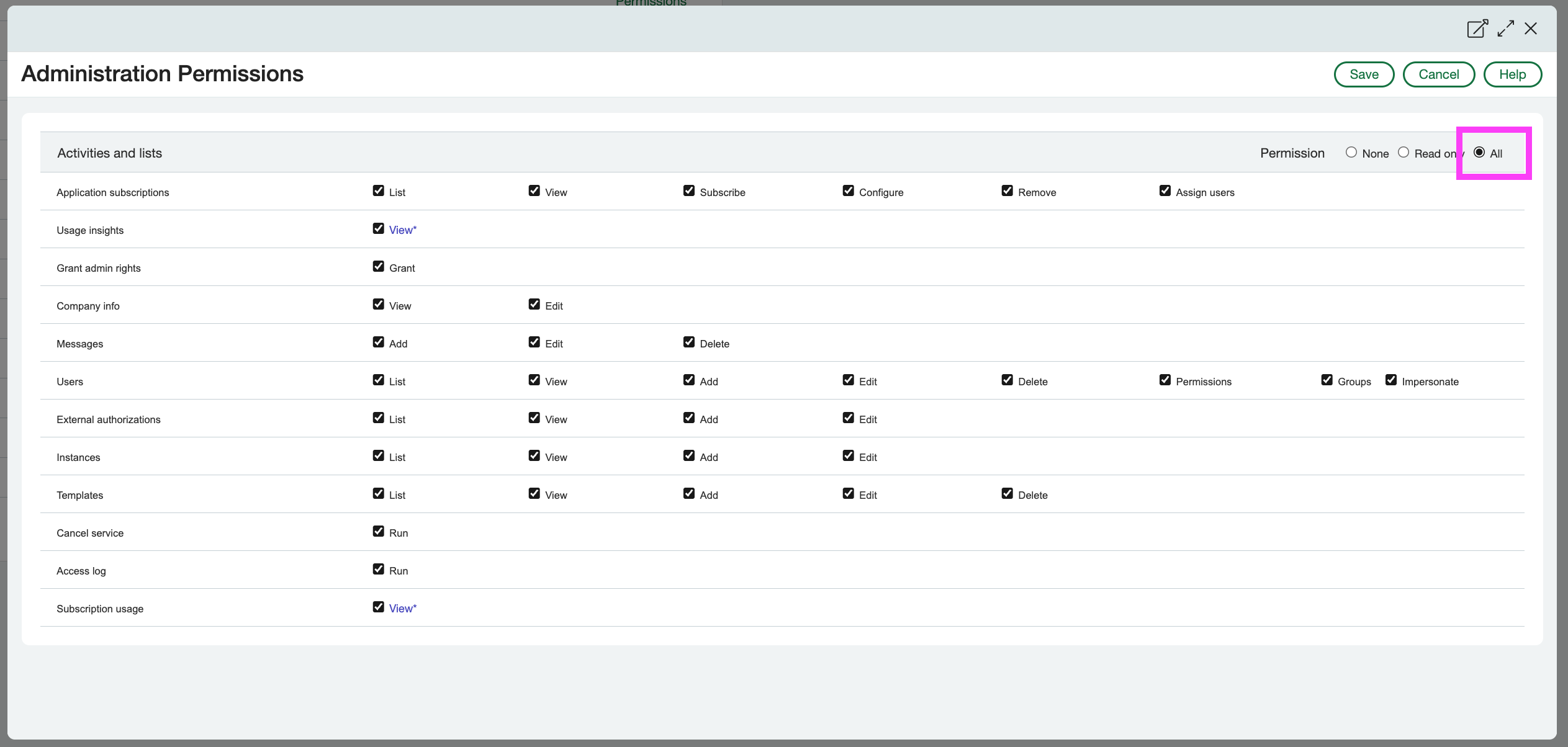 The All option selected within a module's permission set