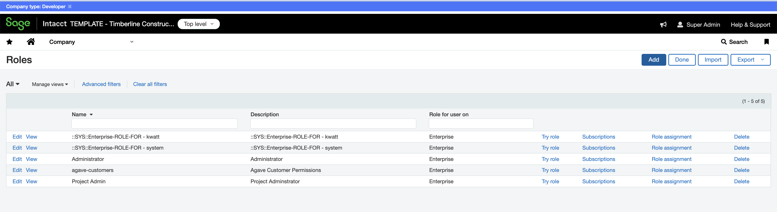 The Add button on the Sage Intacct Roles list