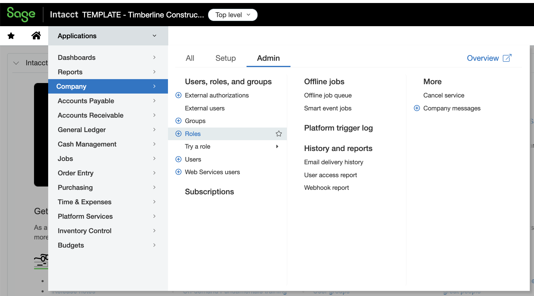 Roles under Company and Admin in Sage Intacct