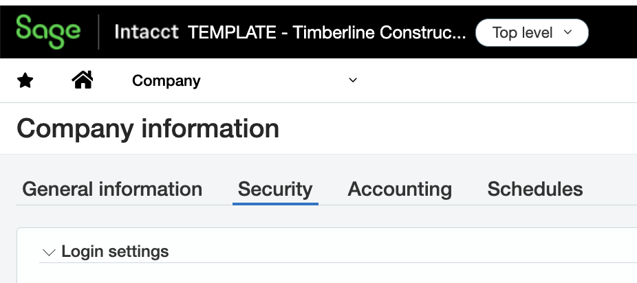 The Security tab of the Sage Intacct Company record