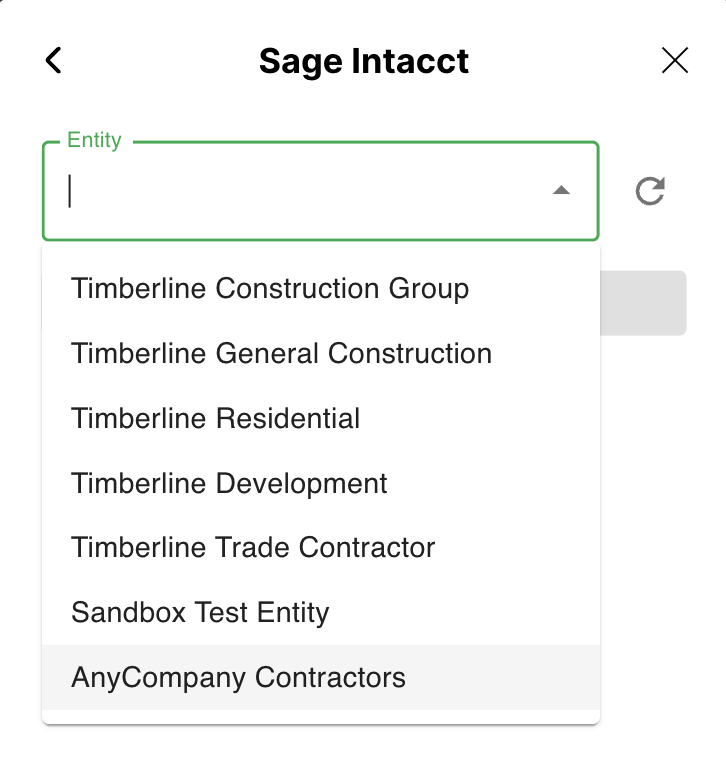 Entity selection screen with the Confirm button