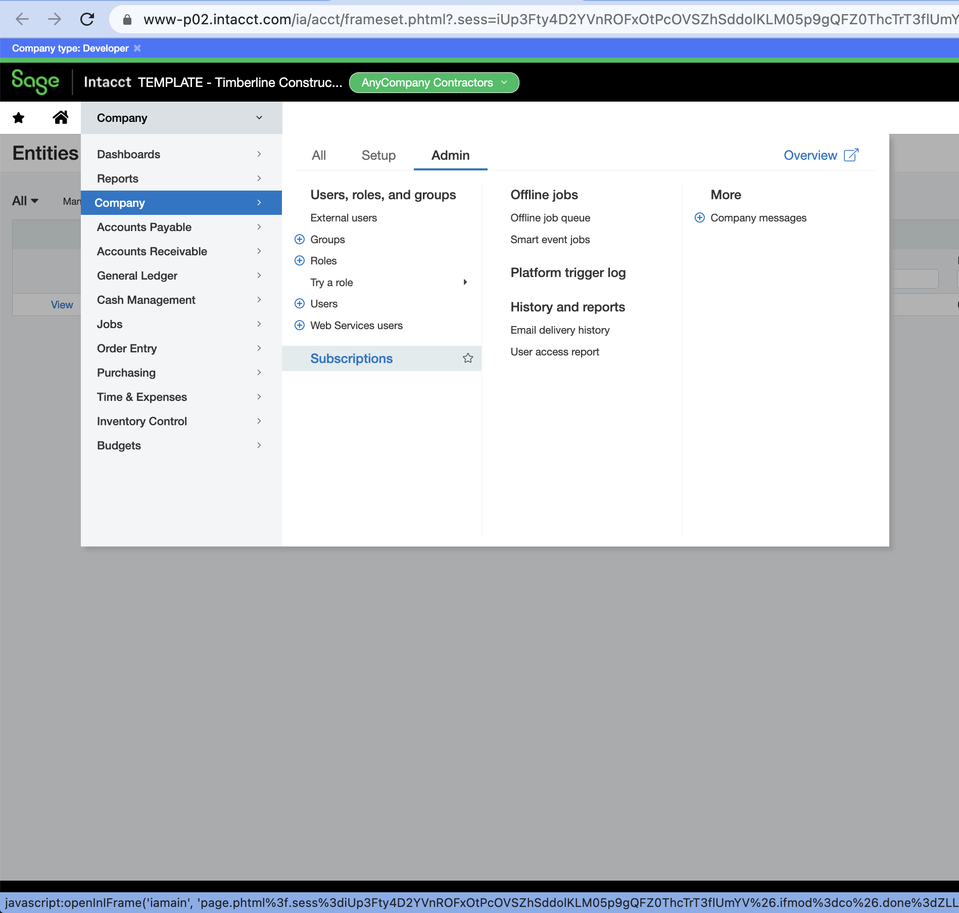 Sage Intacct Subscriptions screen under Company and Admin