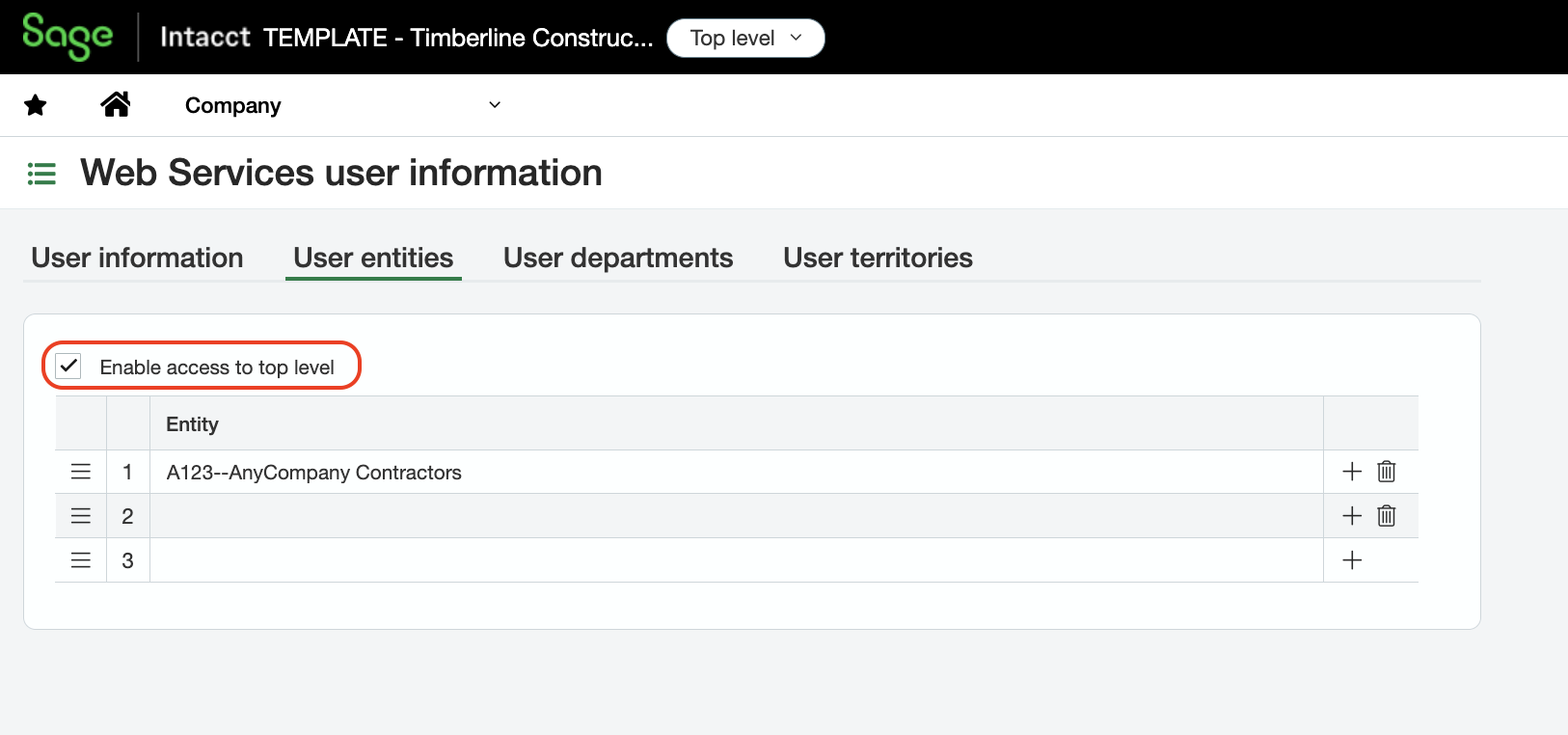 The User Entities tab with Enable access to top level selected