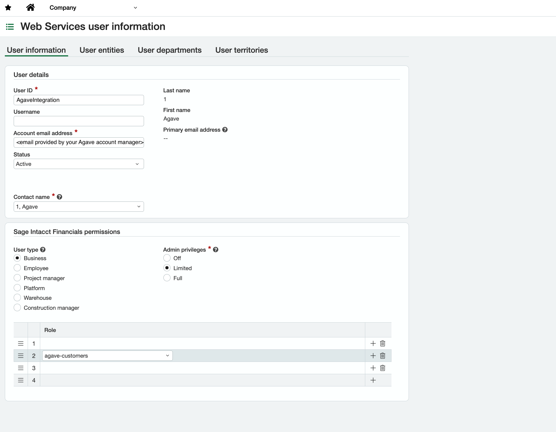 The Sage Intacct Web Services User detail form