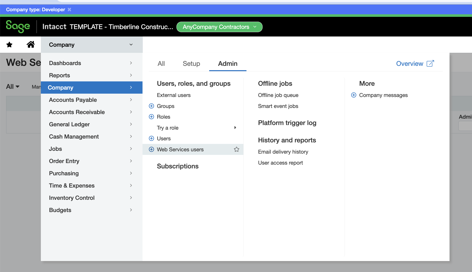 Web Services Users under Company and Admin in Sage Intacct