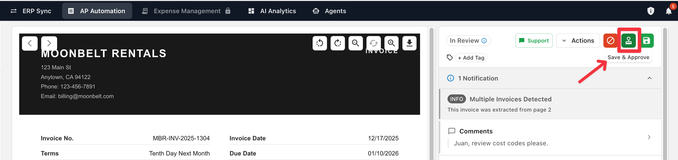 The invoice action buttons including Save &amp; Approve