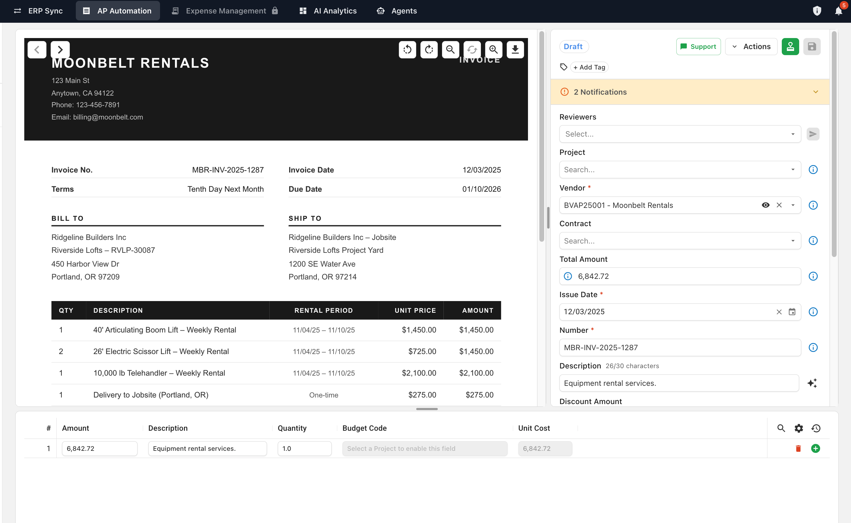 Overview of the invoice page