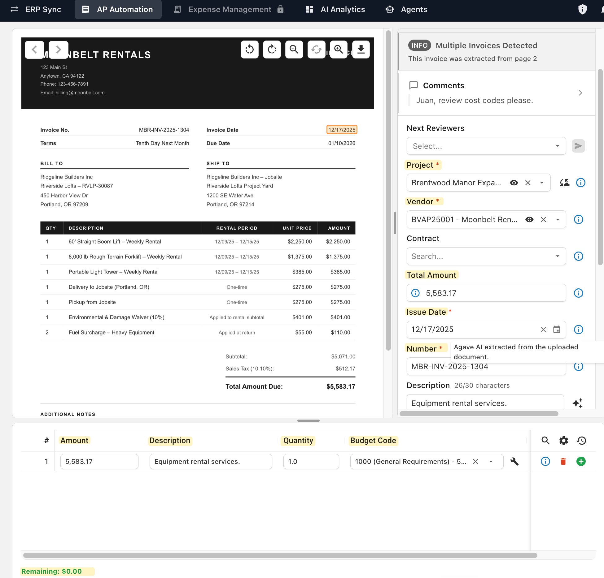 The invoice review page with PDF and coding fields