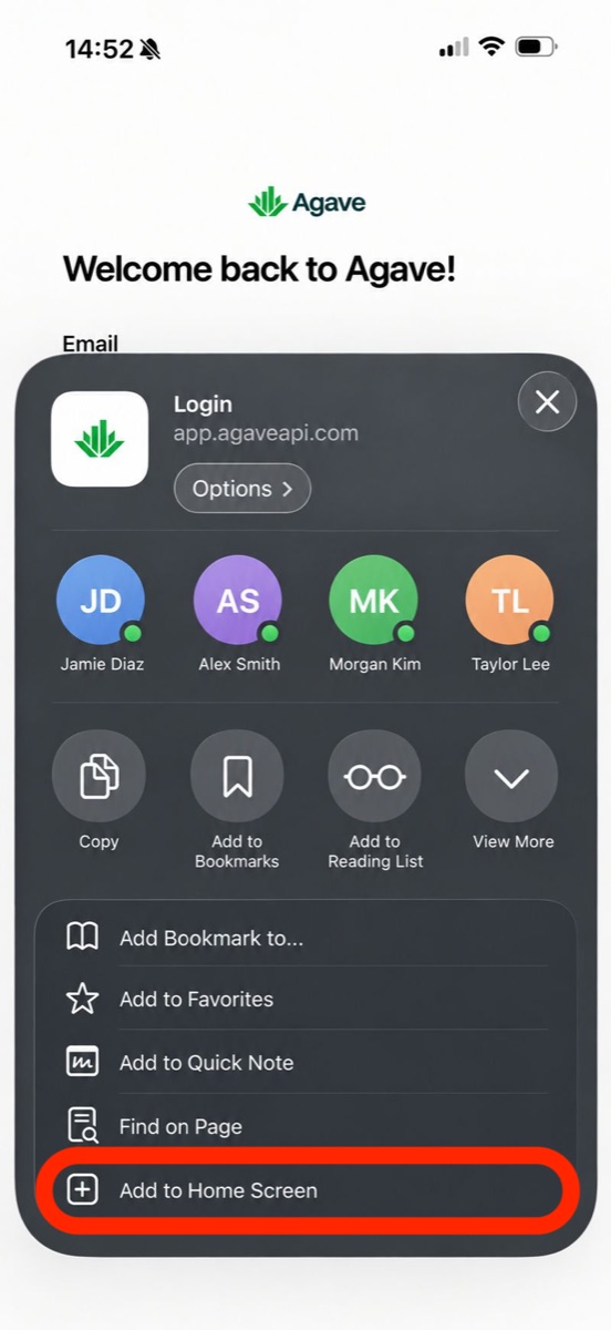 The expanded share sheet with Add to Home Screen circled at the bottom