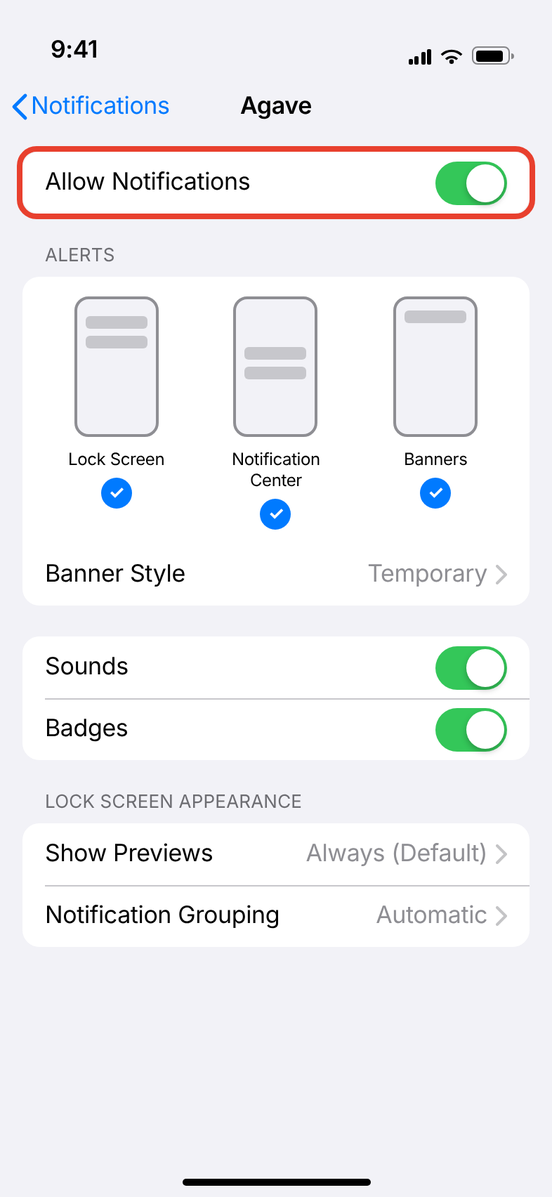 Agave's notification settings with the Allow Notifications switch circled and turned on
