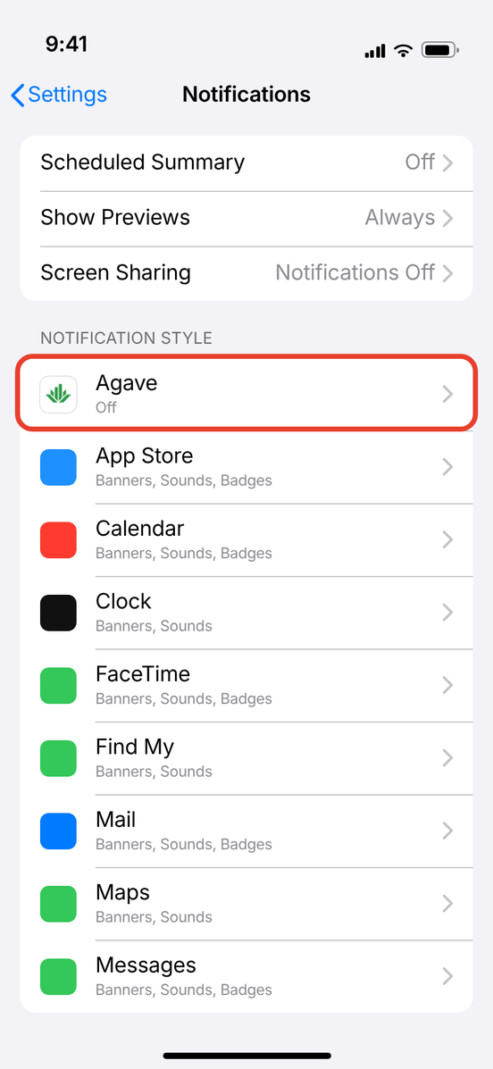 The Notifications list of apps with Agave circled and showing Off