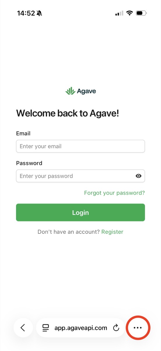 The Agave login screen in Safari with the three dots button at the bottom right circled