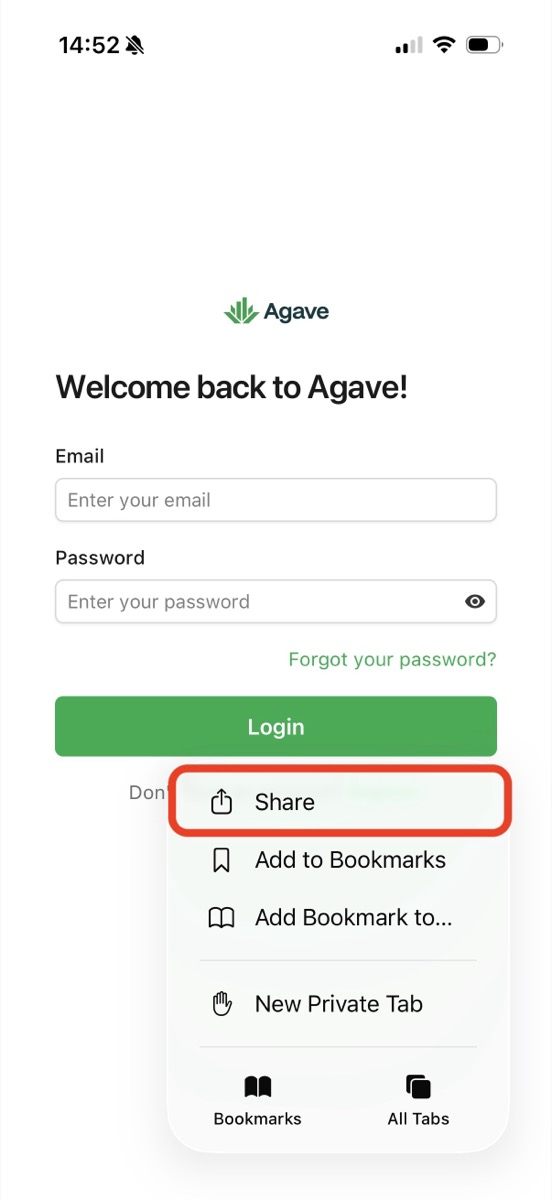 The Safari menu with Share circled at the top of the list