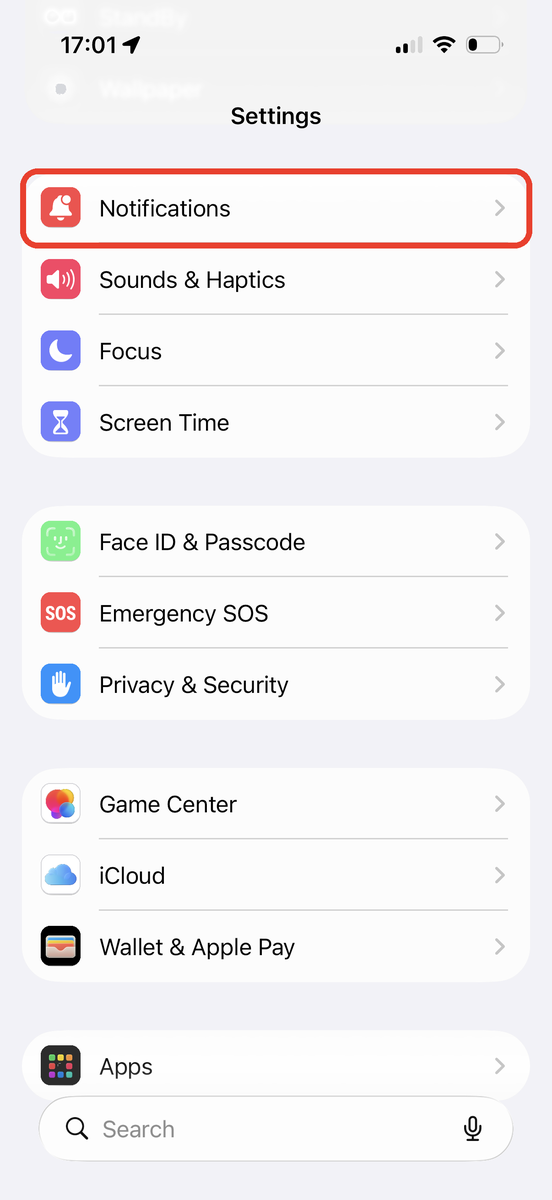 The iPhone Settings screen with Notifications circled