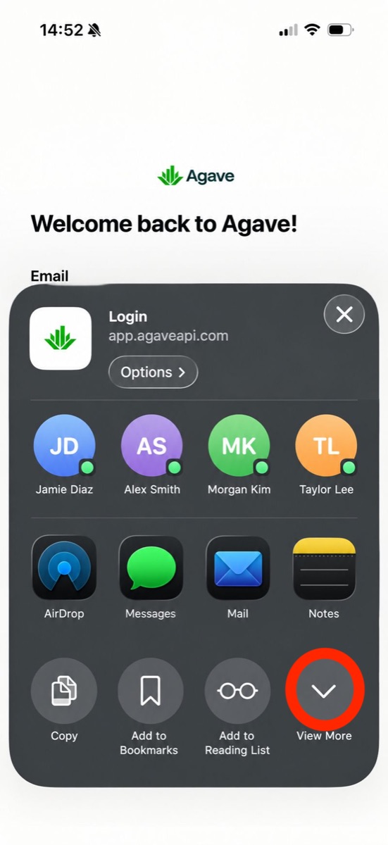 The iOS share sheet with the View More chevron circled