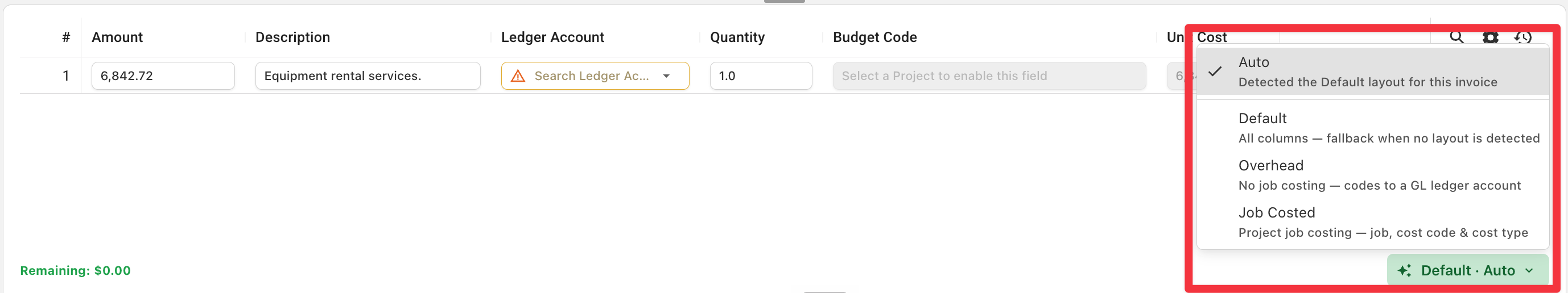 Layout template selector on the invoice page