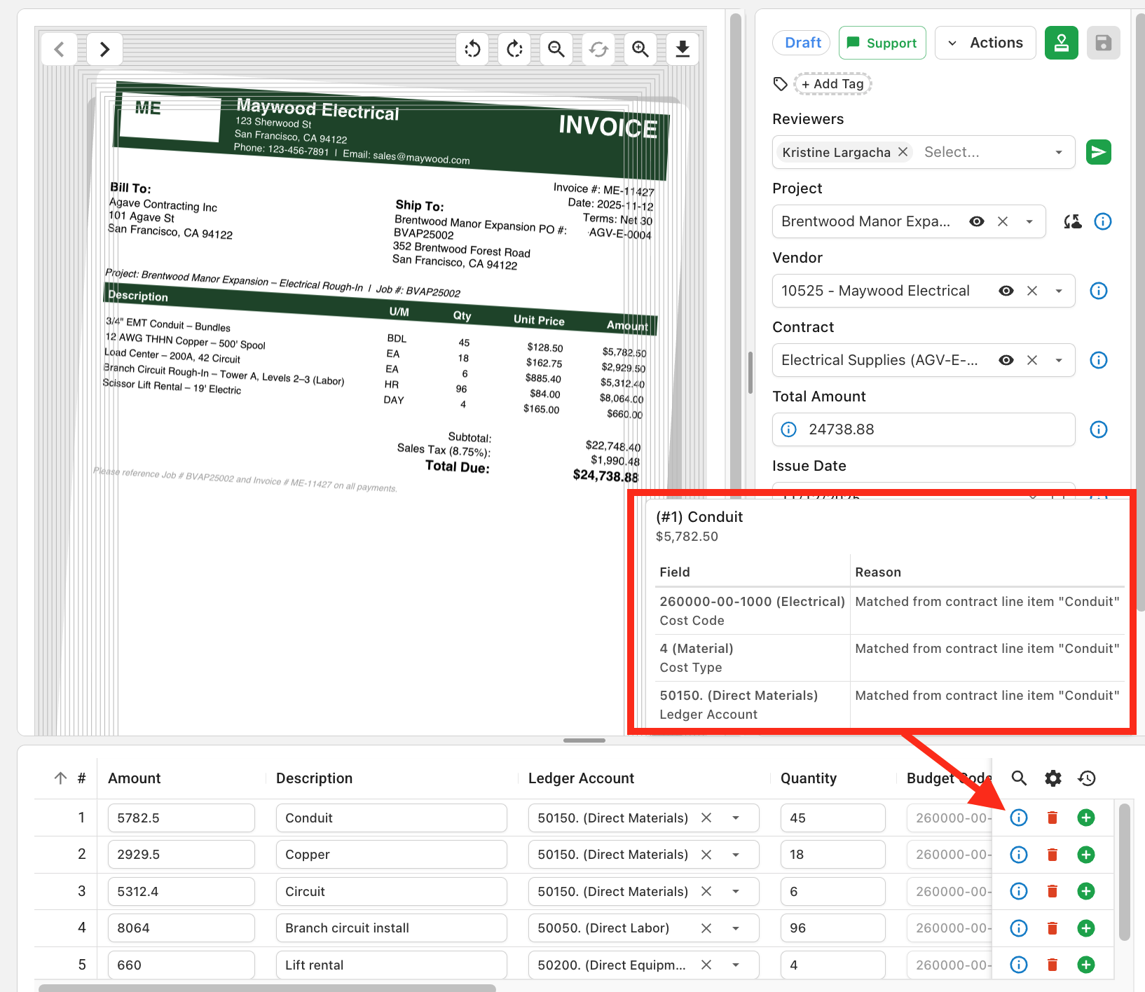 Line item breadcrumb showing cost code, cost type, and ledger account matched from contract line