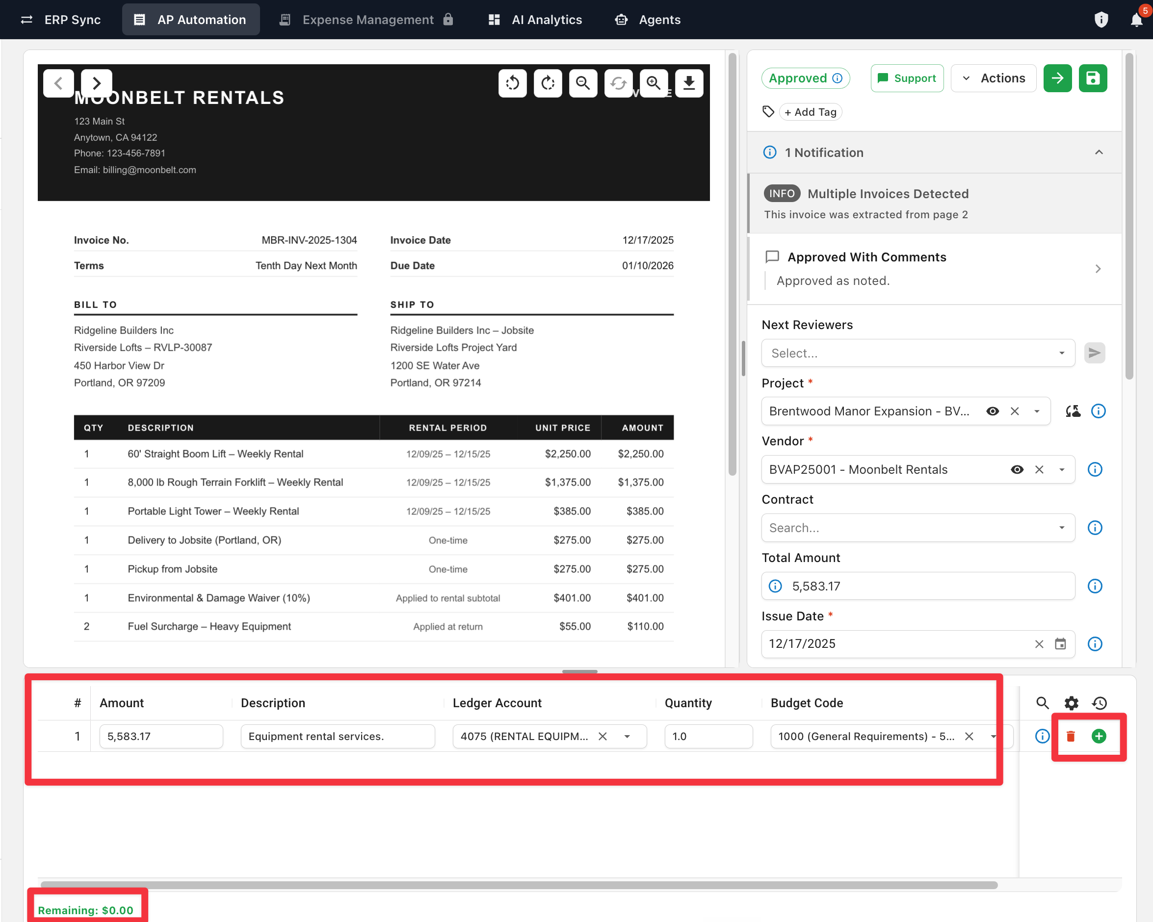 Expanded line items with Remaining footer