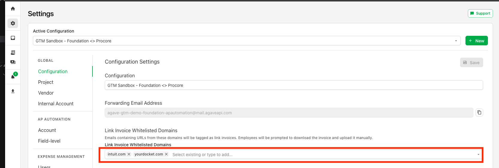 Settings Configuration page showing the Link Invoice Whitelisted Domains field