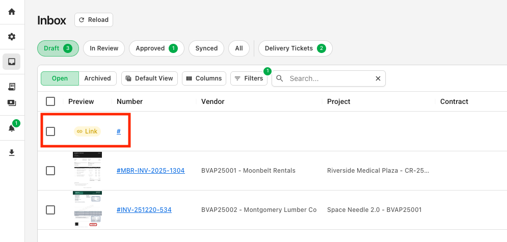 Invoice Inbox showing a blank Link-type entry for an invoice received as a portal link