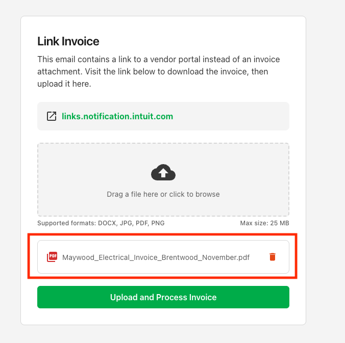 Link-type invoice after the downloaded invoice file has been uploaded to Agave