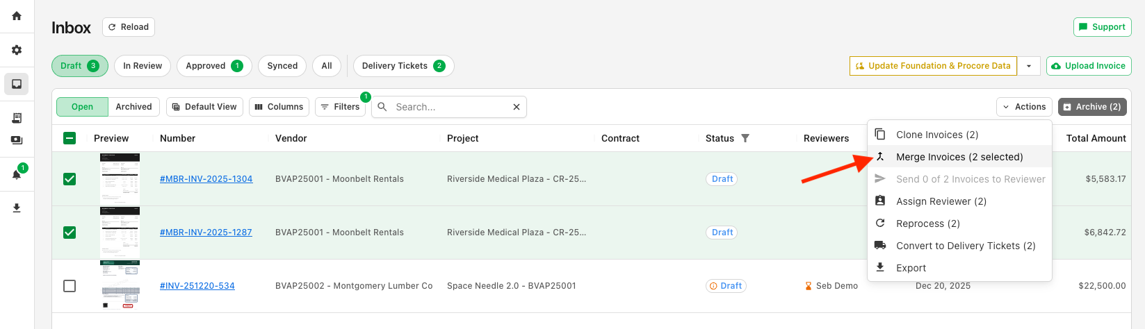 Merge tool with multiple documents selected to combine into one