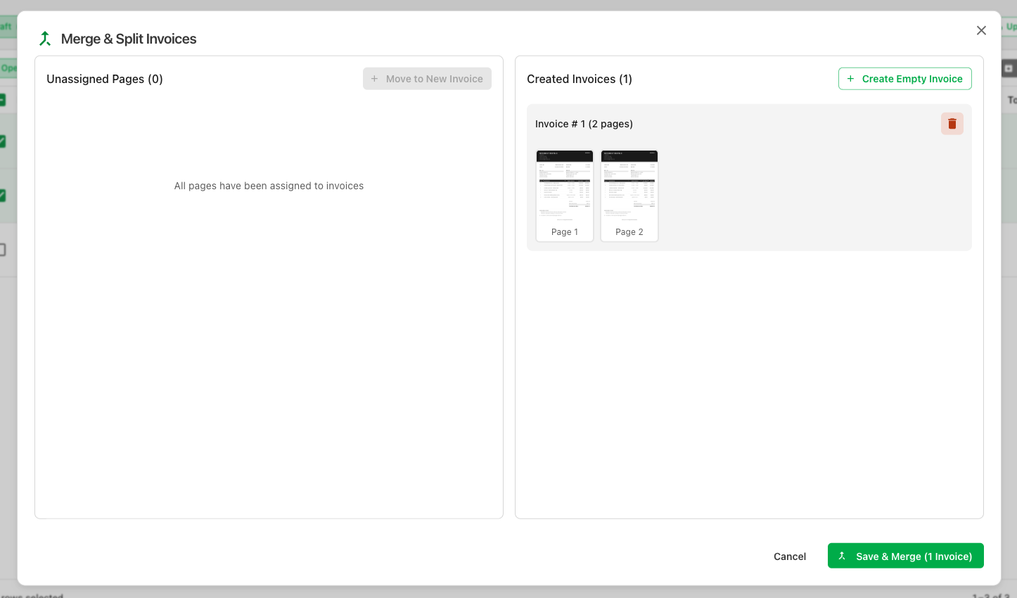 Selected documents being merged into a single invoice document