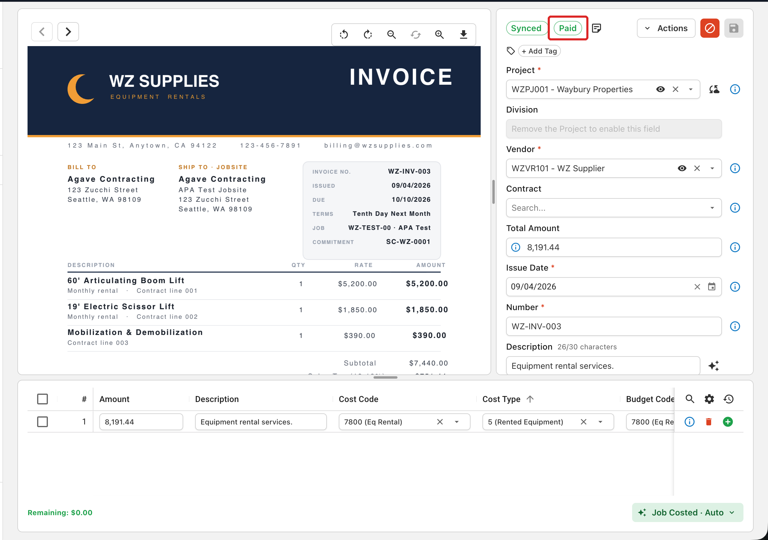 An open synced invoice with the Paid payment status outlined in red, next to the Synced status at the top of the coding panel