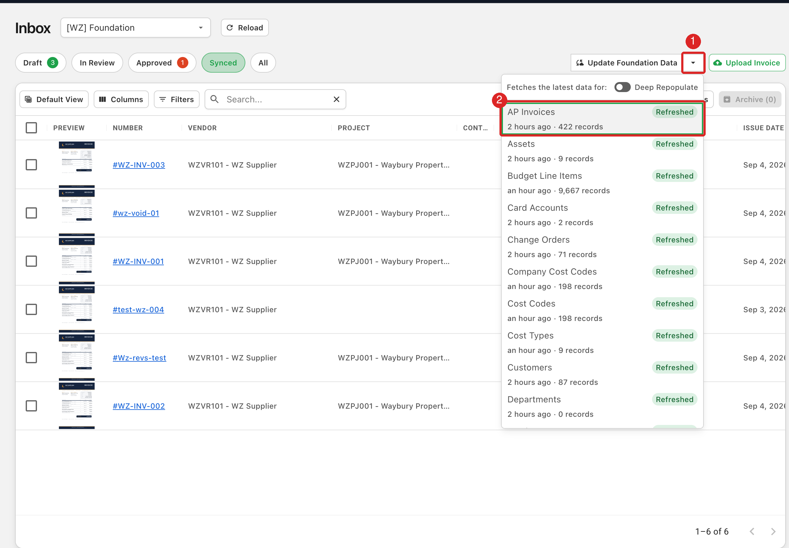 The Inbox with the Update Foundation Data dropdown open, the dropdown arrow marked 1 and the AP Invoices row marked 2