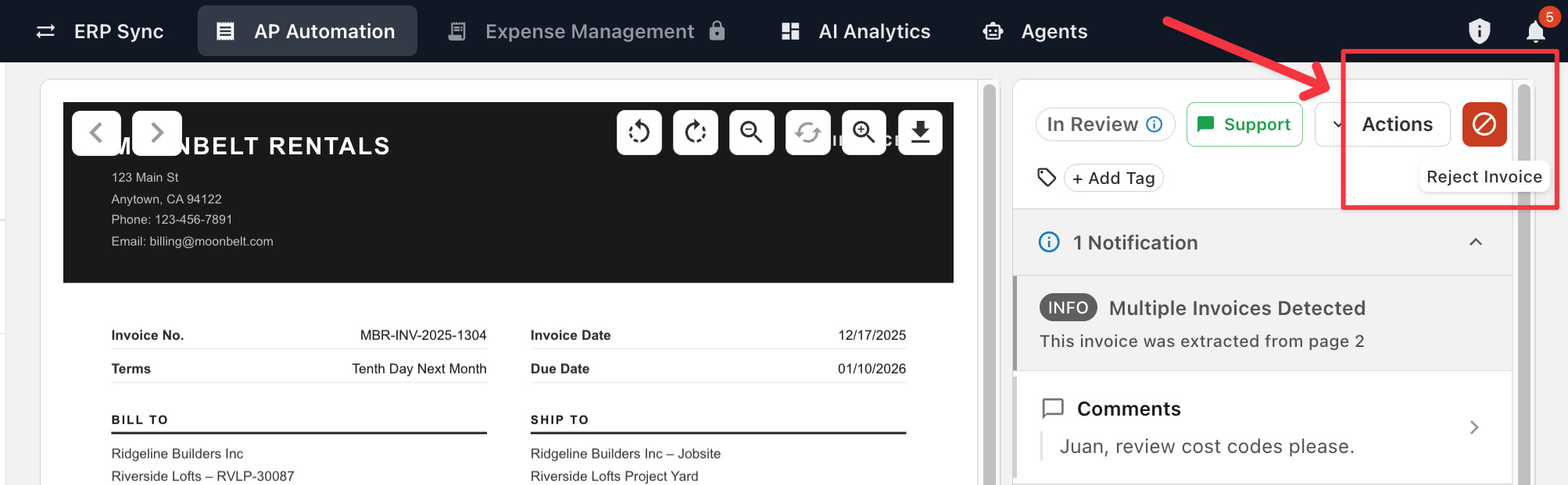 Reject Invoice button in the invoice action bar