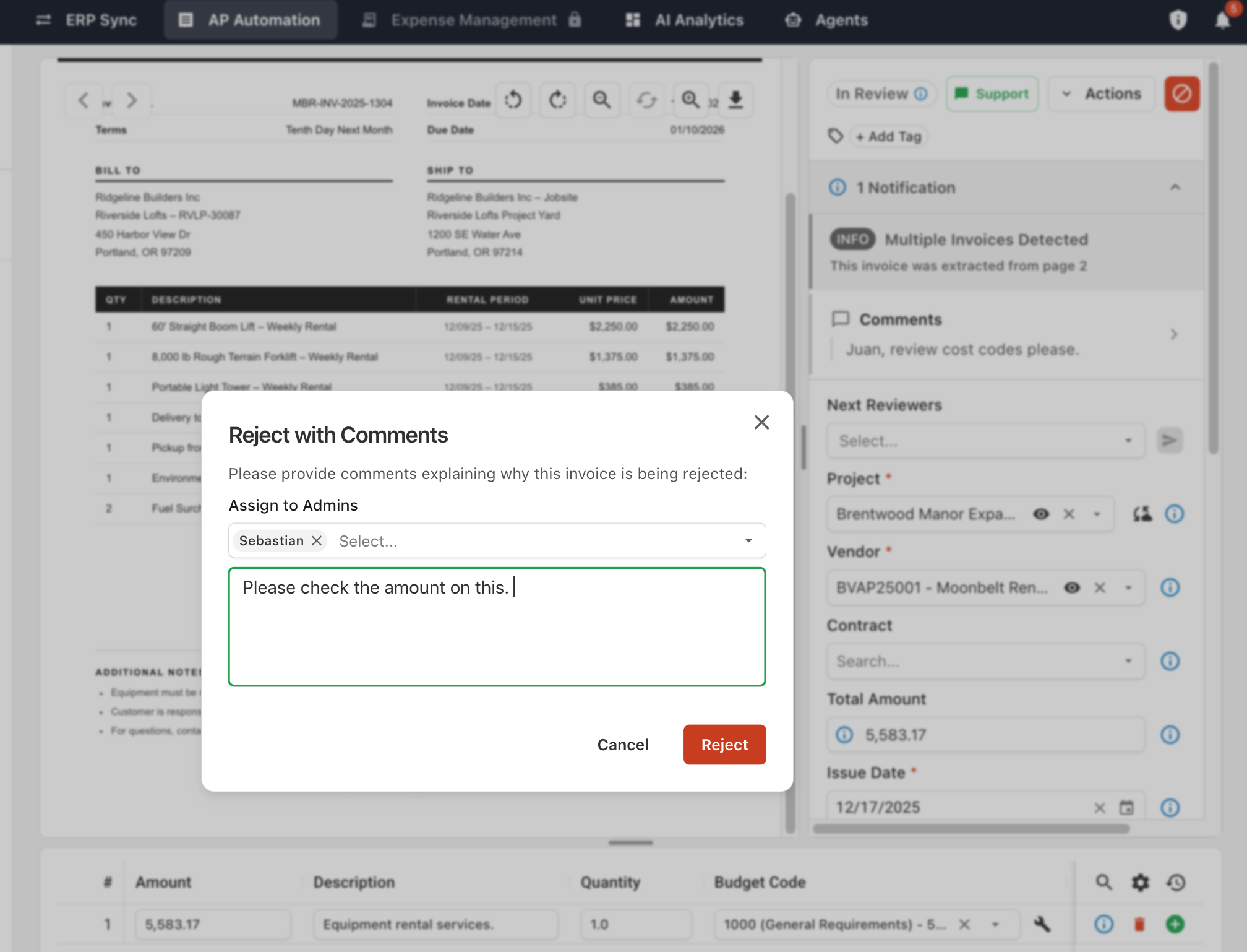 The Reject with Comments dialog