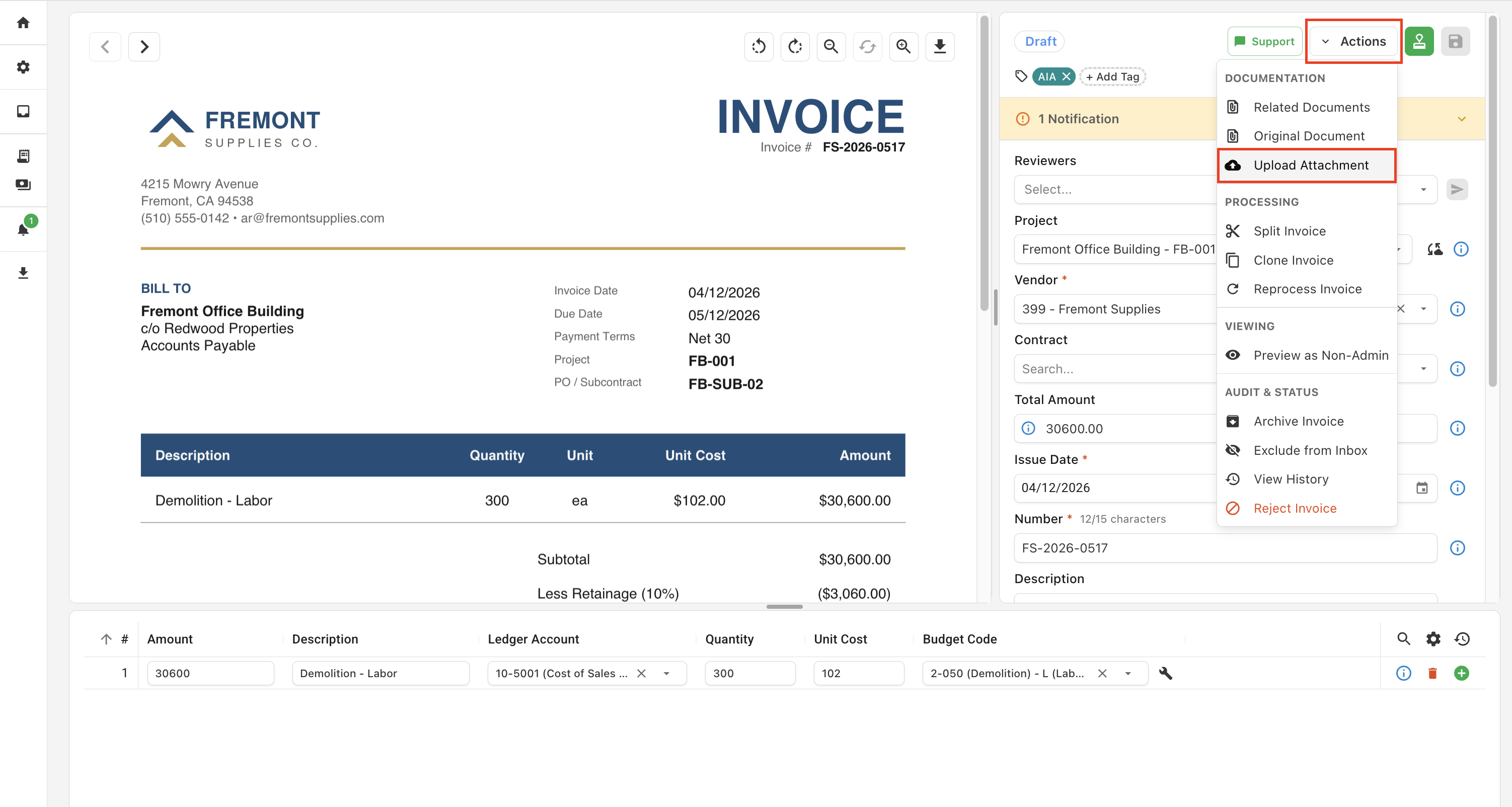 Invoice Detail page Actions menu with the Upload Attachment option