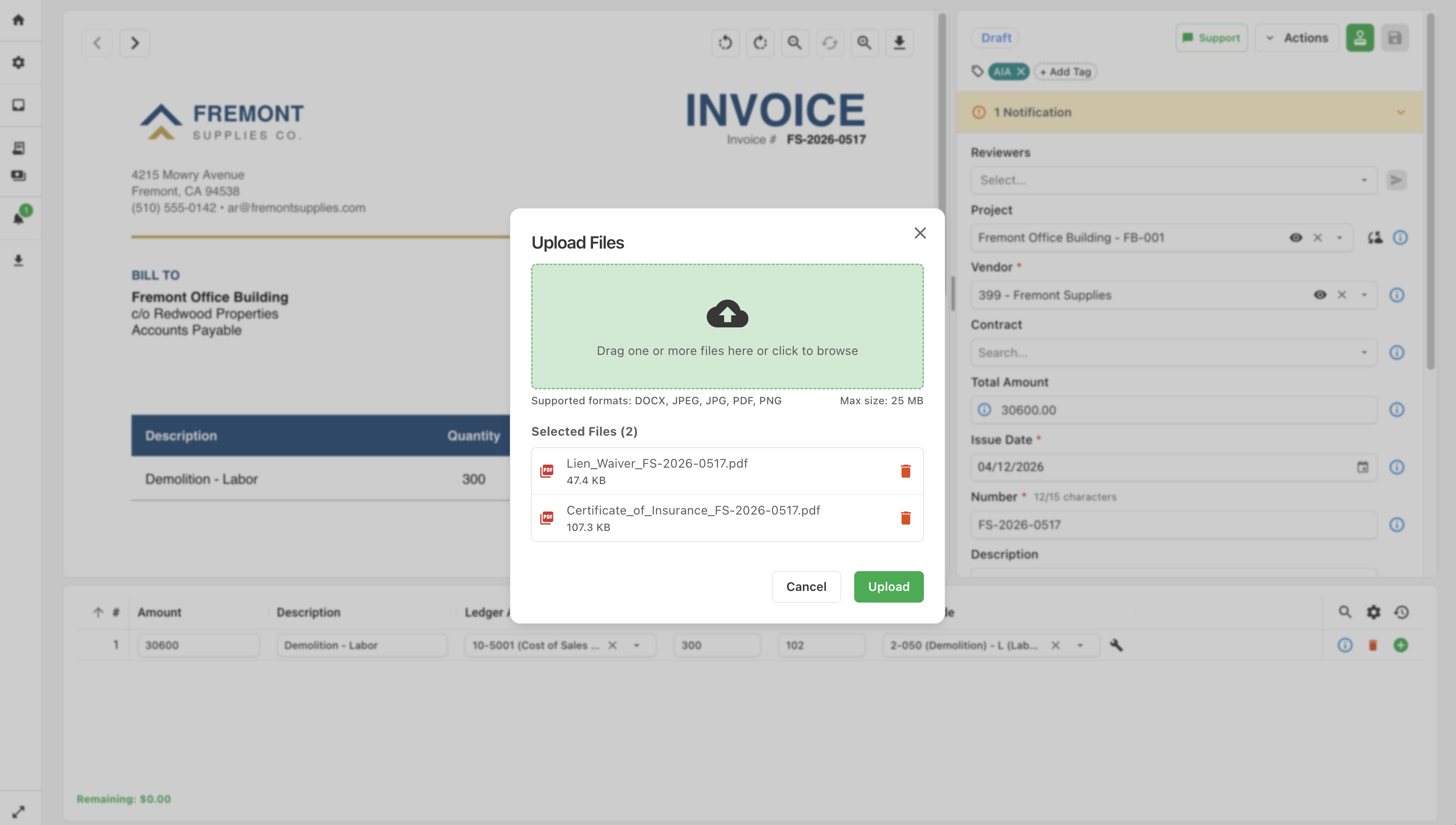 Upload Files dialog for adding related documents to an invoice, with a drag-and-drop area and two selected files