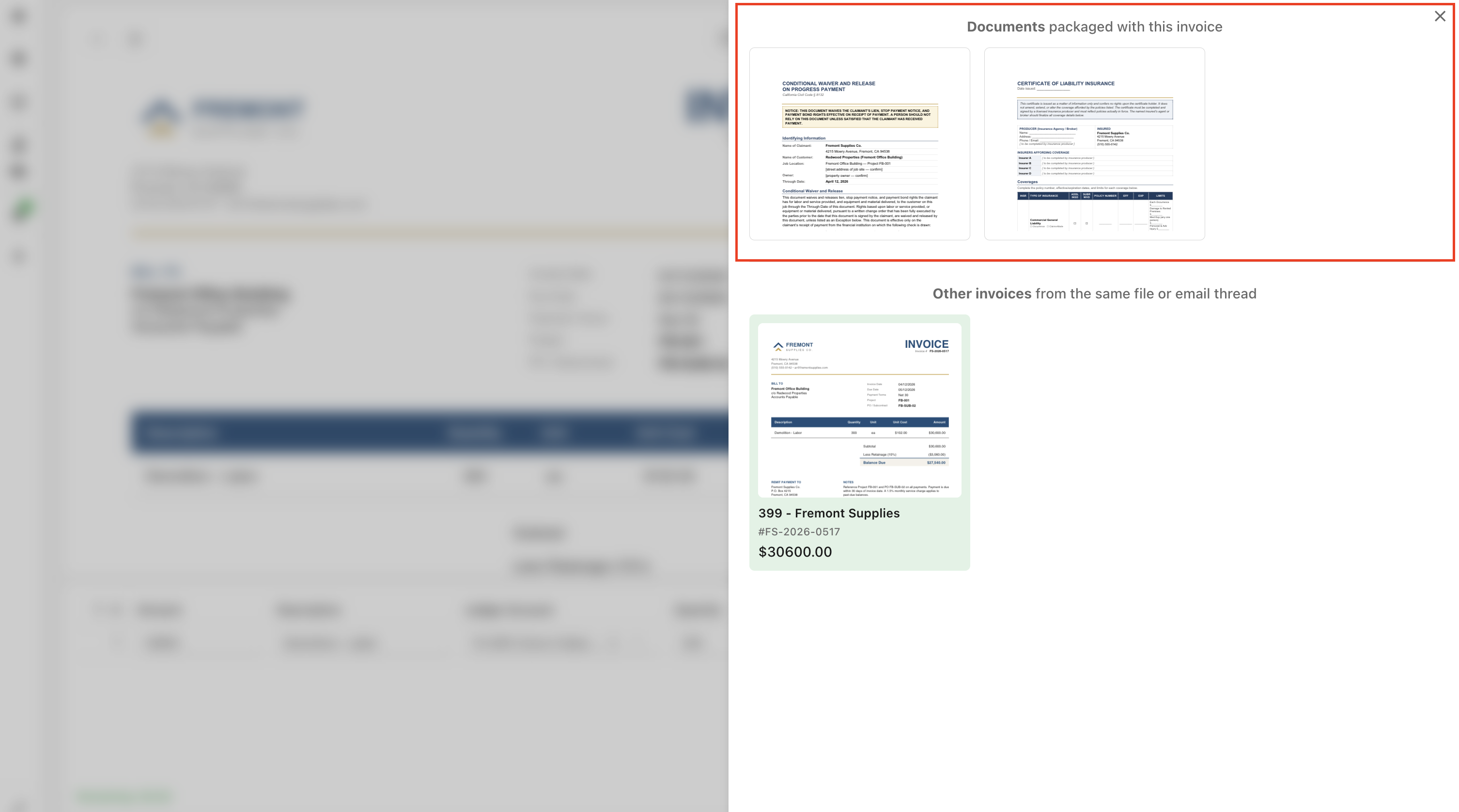 Related Documents flyout panel open on the right of the Invoice Detail page, listing the files linked to the invoice